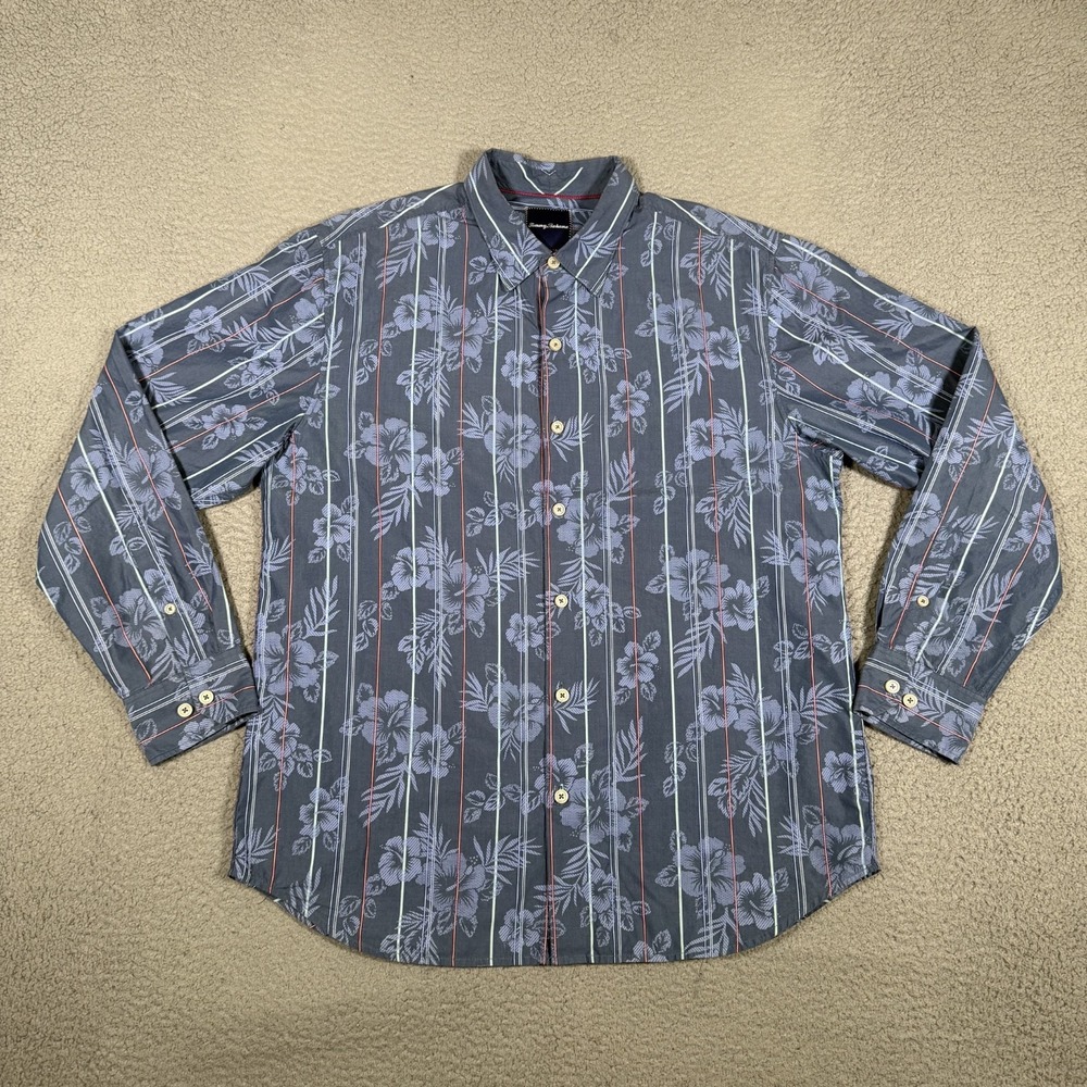 Tommy Bahama Shirt Mens Large Blue Floral‎ Striped Silk Blend Hawaiian Preppy - Picture 2 of 12
